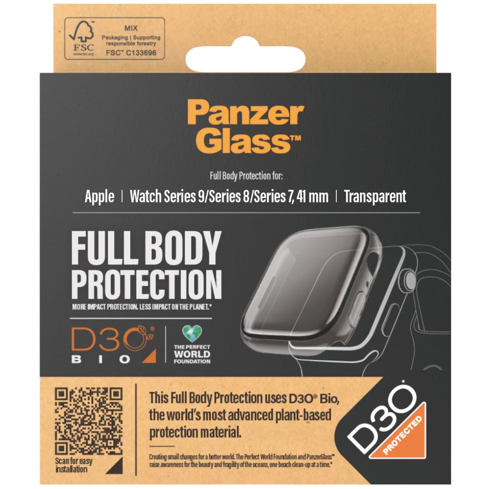 Hülle mit integriertem gehärtetem Glas PanzerGlass Full Body Protection für Apple Watch 9/8/7 41 mm, Transparent