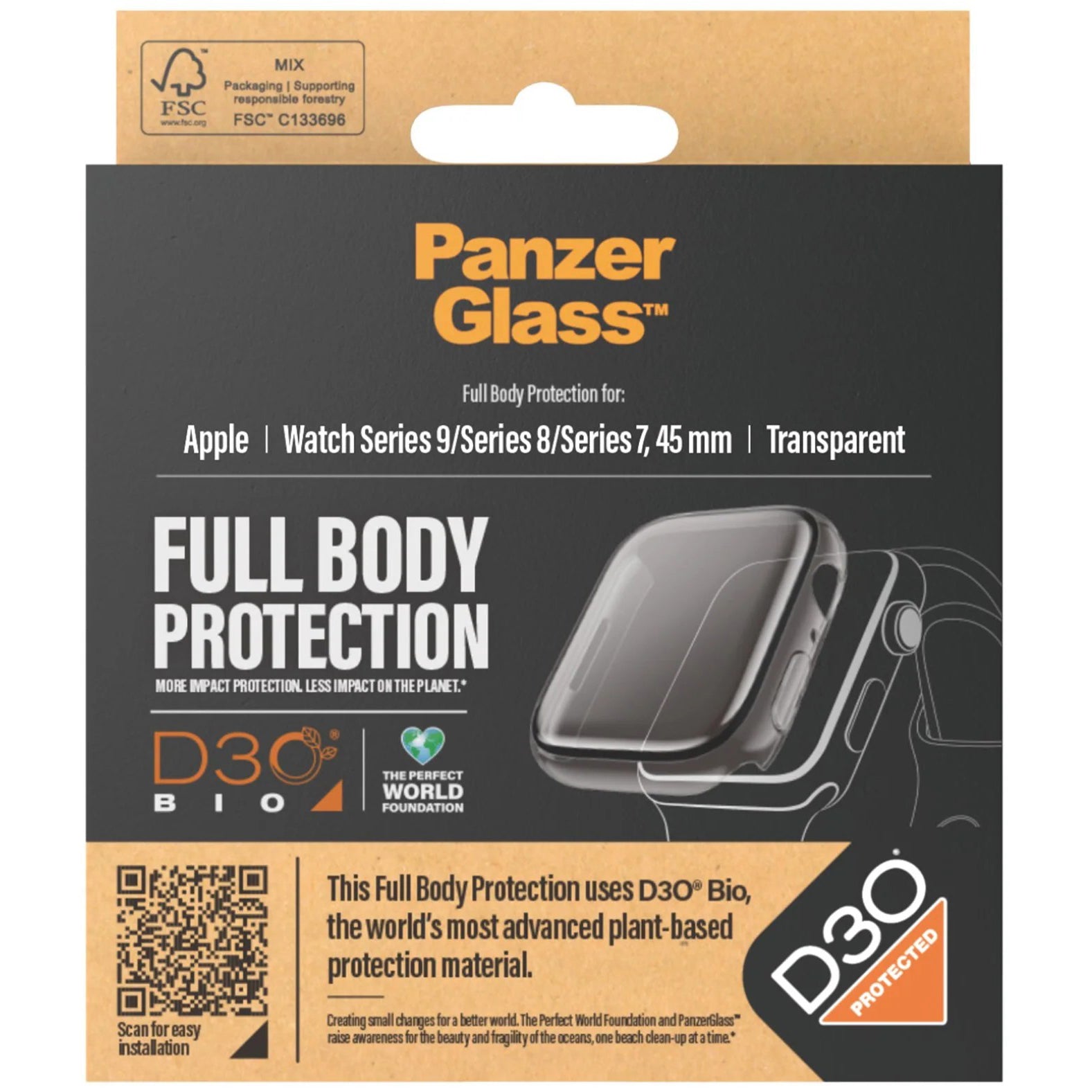 Hülle mit integriertem gehärtetem Glas PanzerGlass Full Body Protection für Apple Watch 9/8/7 45 mm, Transparent