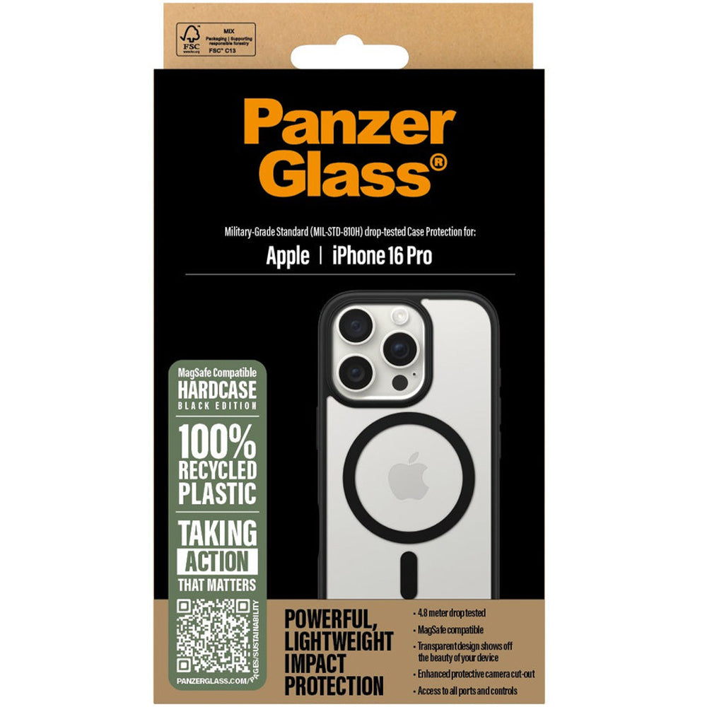 Gepanzerte Handyhülle für iPhone 16 Pro, PanzerGlass HardCase MagSafe, Transparent und Schwarz
