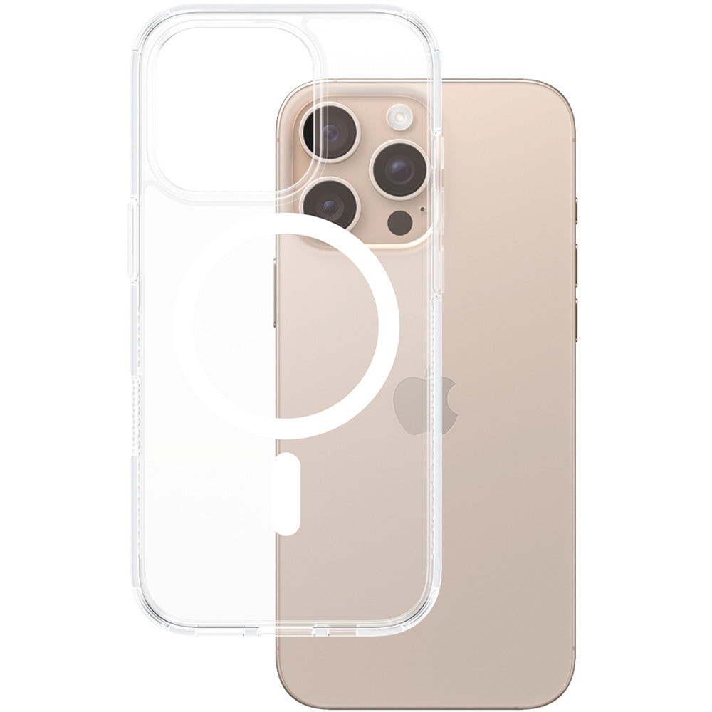 Gepanzerte Handyhülle für iPhone 16 Pro Max, PanzerGlass HardCase MagSafe, Transparent und Weiß