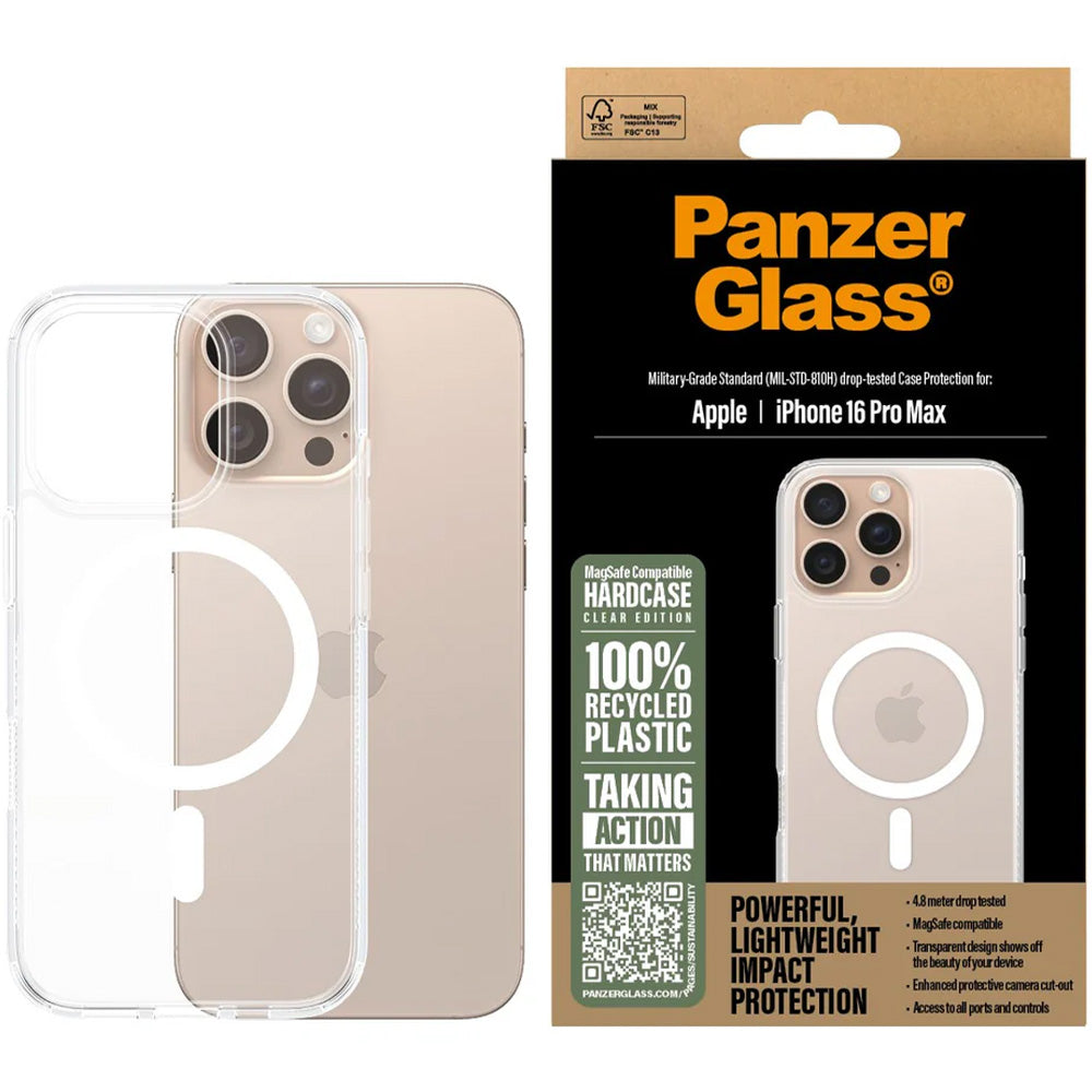 Gepanzerte Handyhülle für iPhone 16 Pro Max, PanzerGlass HardCase MagSafe, Transparent und Weiß