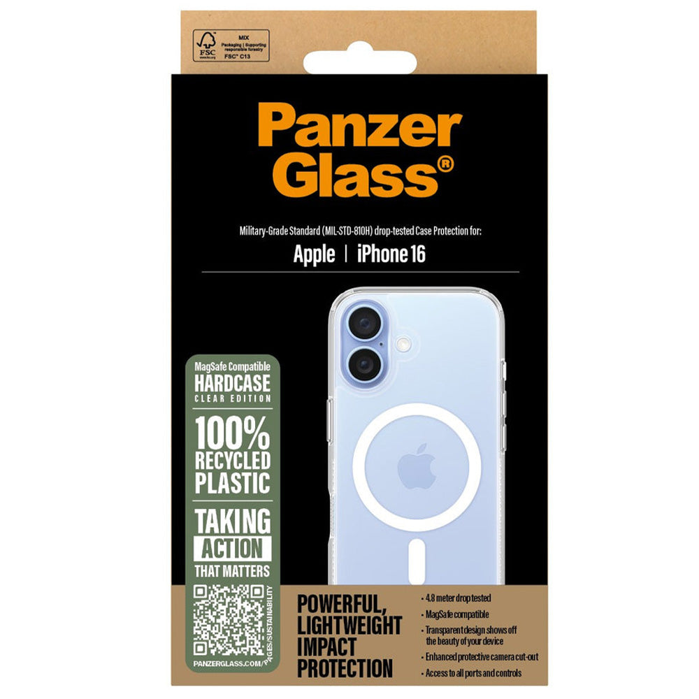 Gepanzerte Handyhülle für iPhone 16, PanzerGlass HardCase MagSafe, Transparent und Weiß