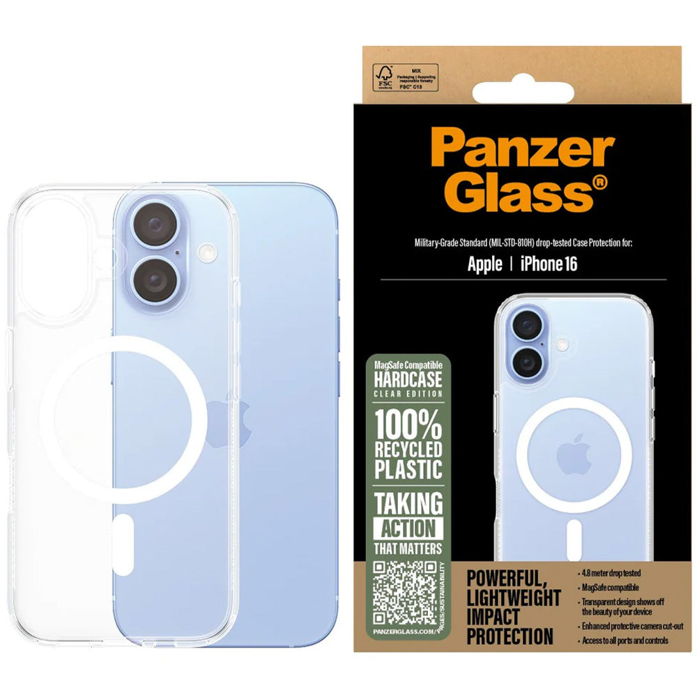 Gepanzerte Handyhülle für iPhone 16, PanzerGlass HardCase MagSafe, Transparent und Weiß