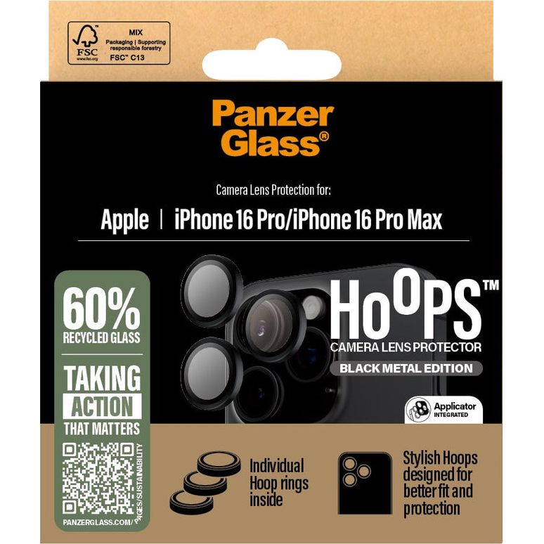 Gehärtetes Glas für die Kamera für iPhone 16 Pro Max / iPhone 16 Pro, PanzerGlass Hoops Camera Lens Protector Black Metal Edition