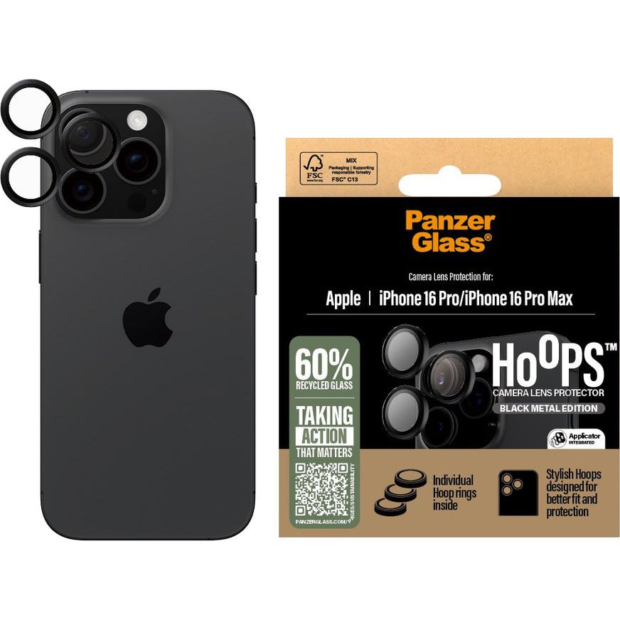 Gehärtetes Glas für die Kamera für iPhone 16 Pro Max / iPhone 16 Pro, PanzerGlass Hoops Camera Lens Protector Black Metal Edition