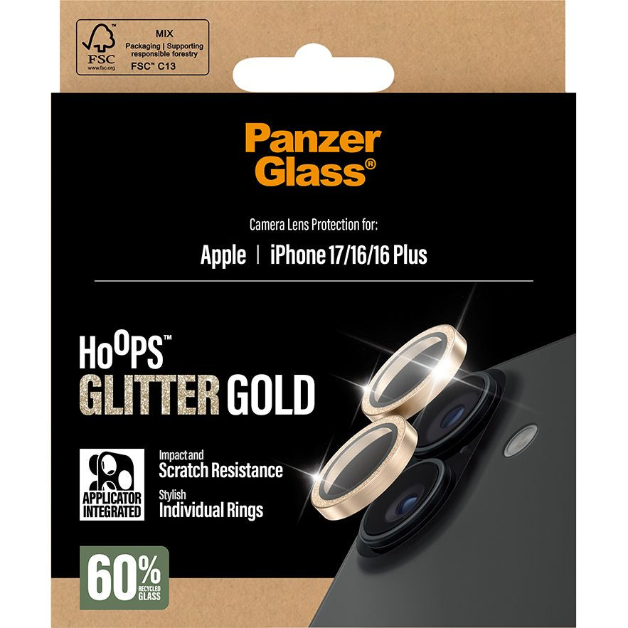 Gehärtetes Glas für iPhone 17 / 16 Plus / 16, PanzerGlass Hoops Glitter Gold Camera Lens Protector, Transparent und Gold
