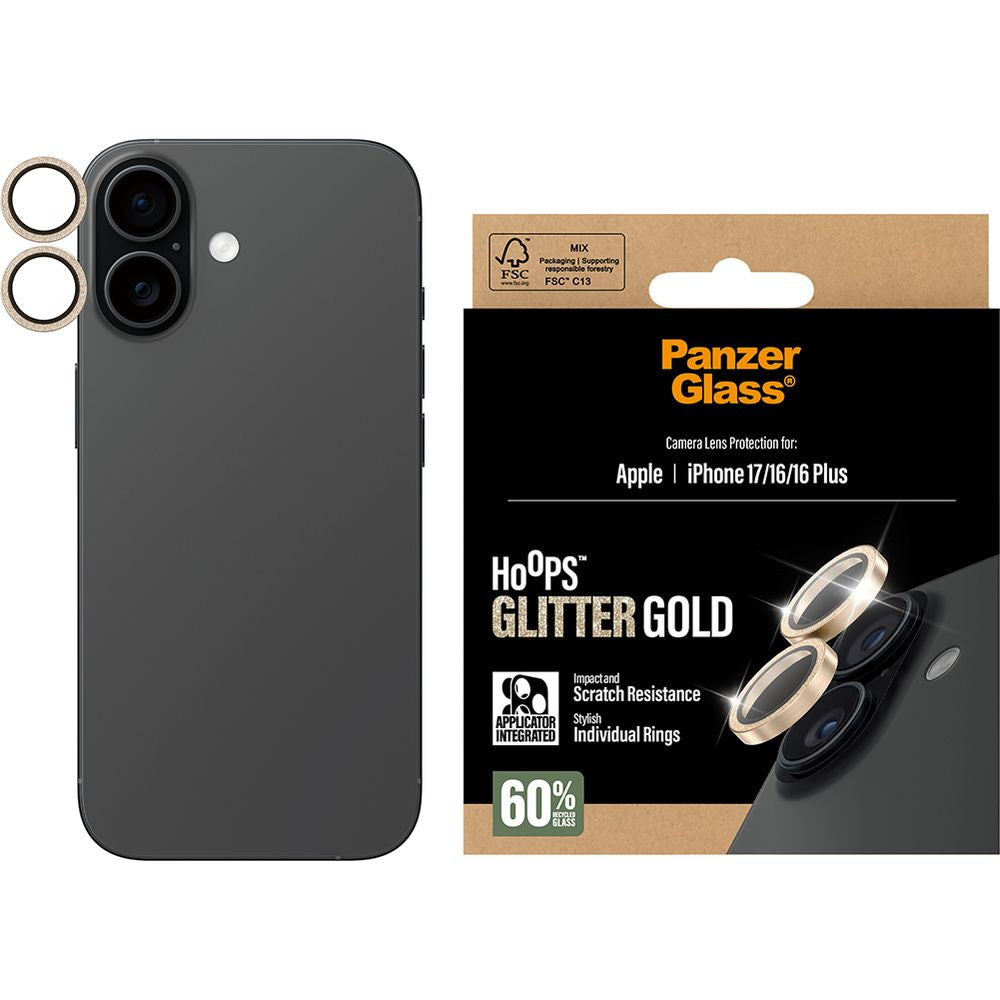 Gehärtetes Glas für iPhone 17 / 16 Plus / 16, PanzerGlass Hoops Glitter Gold Camera Lens Protector, Transparent und Gold