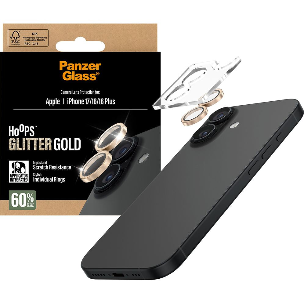 Gehärtetes Glas für iPhone 17 / 16 Plus / 16, PanzerGlass Hoops Glitter Gold Camera Lens Protector, Transparent und Gold