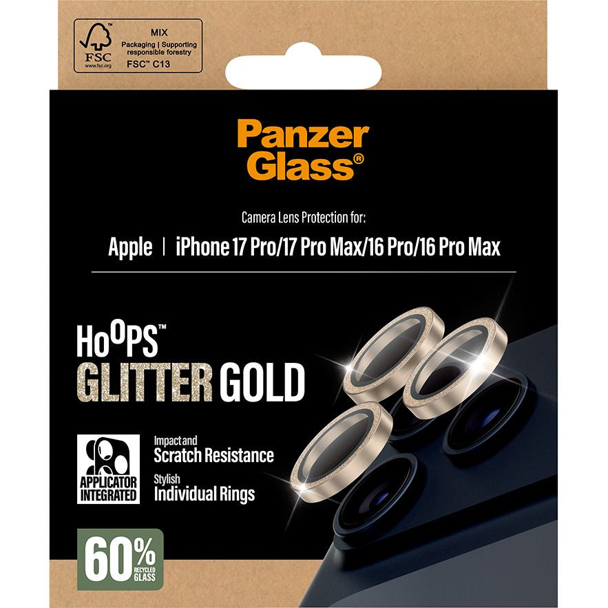 Gehärtetes Glas für iPhone 17 Pro Max / 17 Pro / 16 Pro Max / 16 Pro, PanzerGlass Hoops Glitter Gold Camera Lens Protector, Transparent und Gold