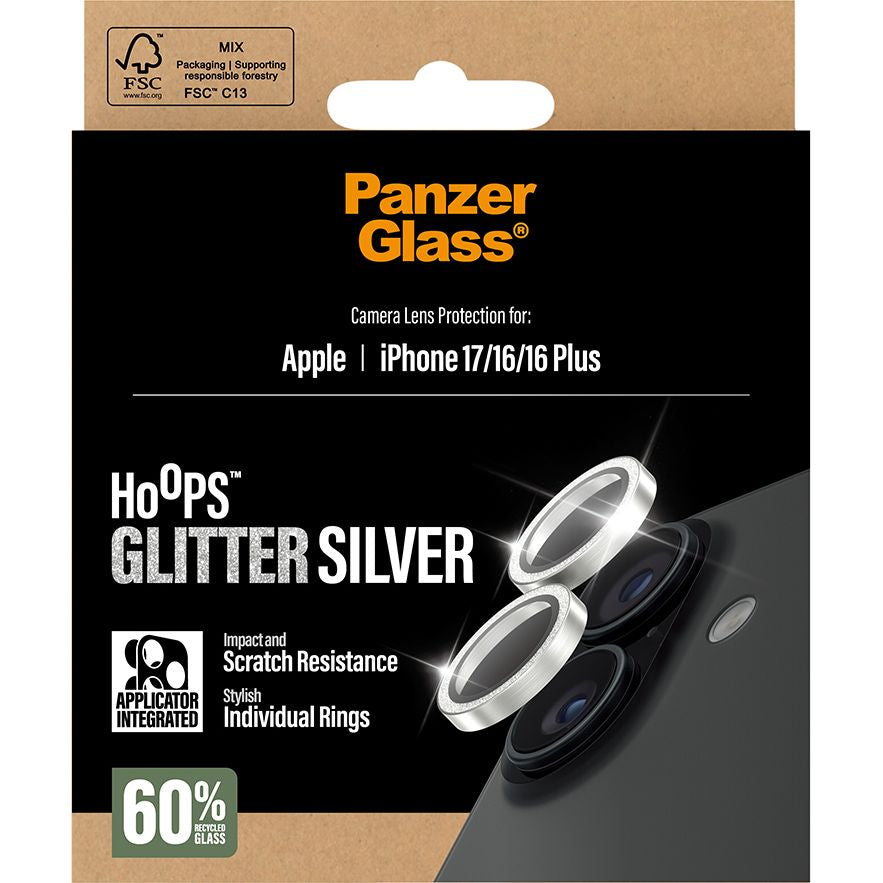 Gehärtetes Glas für iPhone 17 / 16 Plus / 16, PanzerGlass Hoops Glitter Silver Camera Lens Protector, Transparent und Silbern
