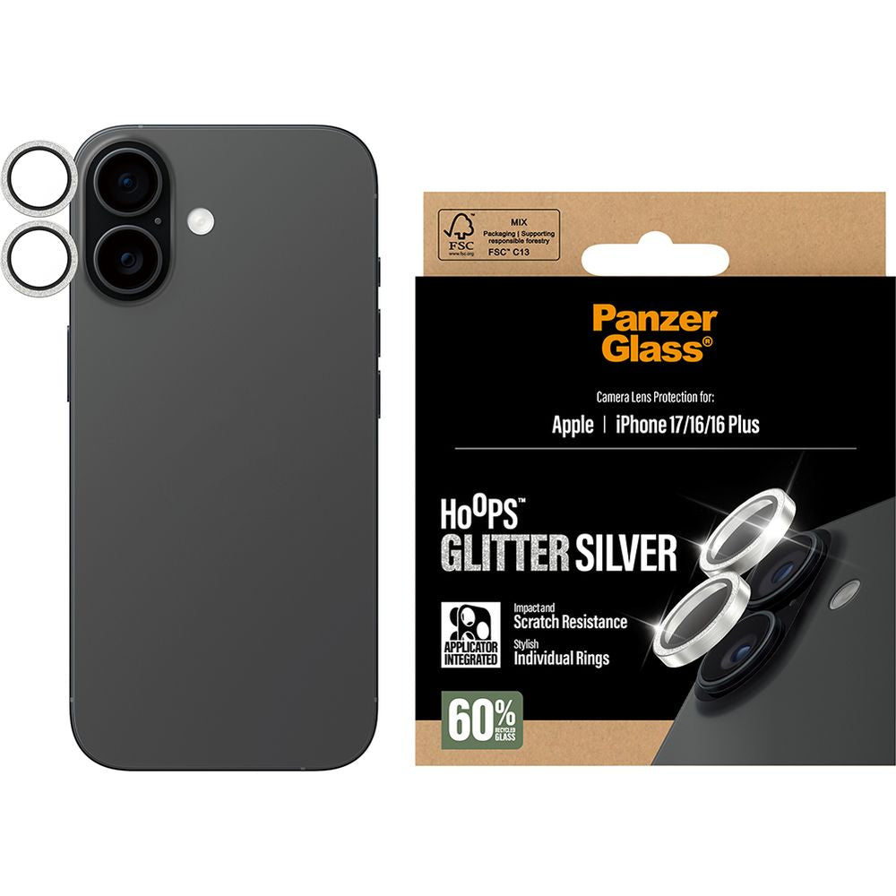 Gehärtetes Glas für iPhone 17 / 16 Plus / 16, PanzerGlass Hoops Glitter Silver Camera Lens Protector, Transparent und Silbern
