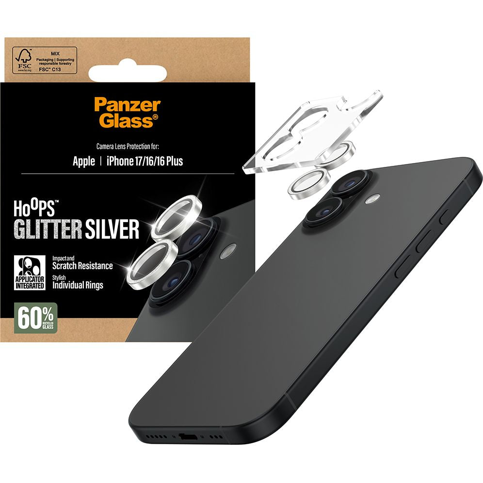 Gehärtetes Glas für iPhone 17 / 16 Plus / 16, PanzerGlass Hoops Glitter Silver Camera Lens Protector, Transparent und Silbern