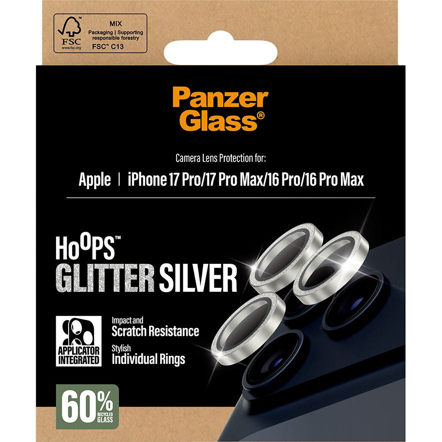 Gehärtetes Glas für iPhone 17 Pro Max / 17 Pro / 16 Pro Max / 16 Pro, PanzerGlass Hoops Glitter Silver Camera Lens Protector, Transparent und Silbern