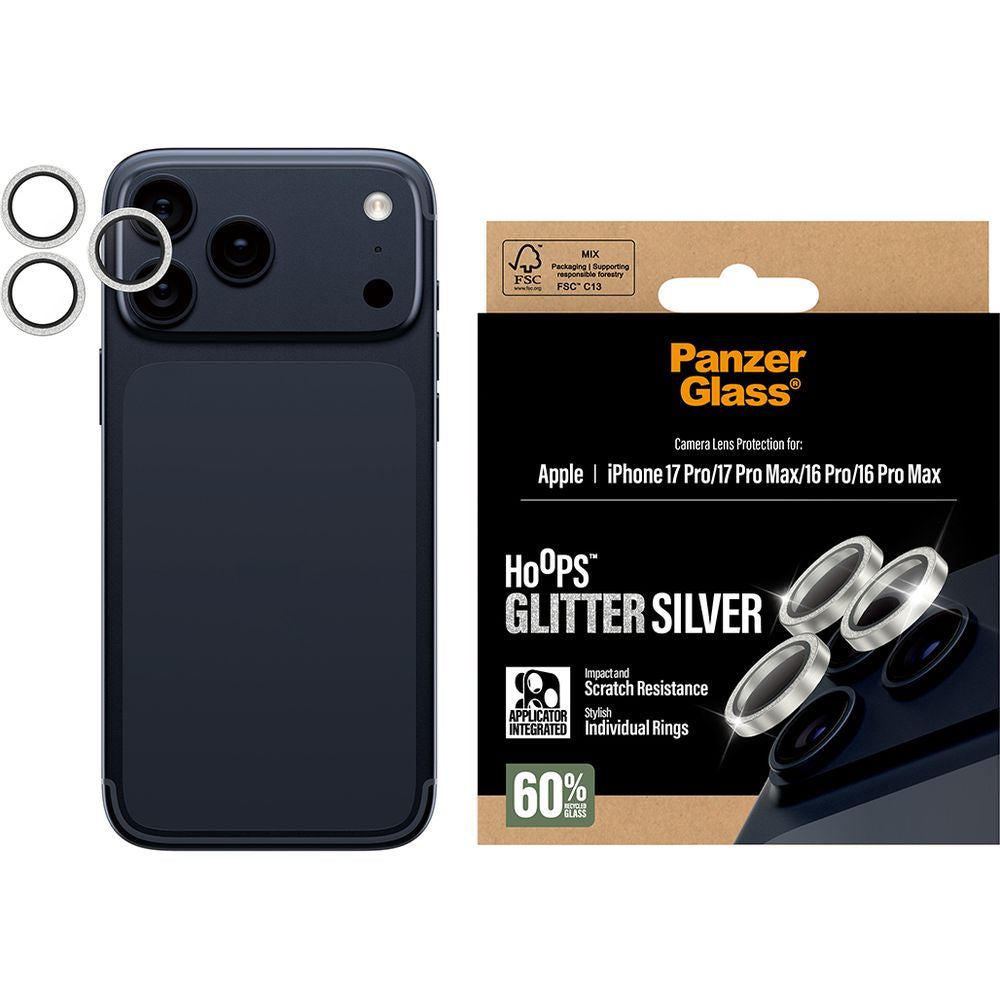 Gehärtetes Glas für iPhone 17 Pro Max / 17 Pro / 16 Pro Max / 16 Pro, PanzerGlass Hoops Glitter Silver Camera Lens Protector, Transparent und Silbern