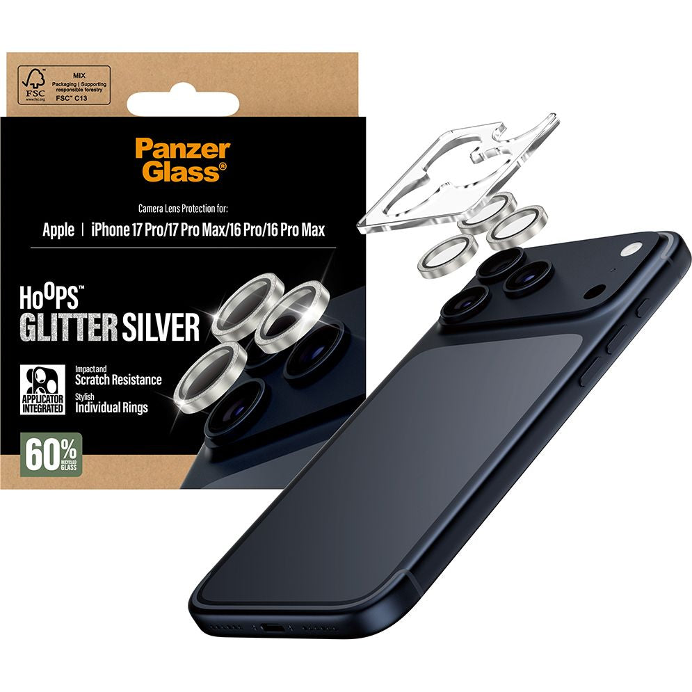 Gehärtetes Glas für iPhone 17 Pro Max / 17 Pro / 16 Pro Max / 16 Pro, PanzerGlass Hoops Glitter Silver Camera Lens Protector, Transparent und Silbern