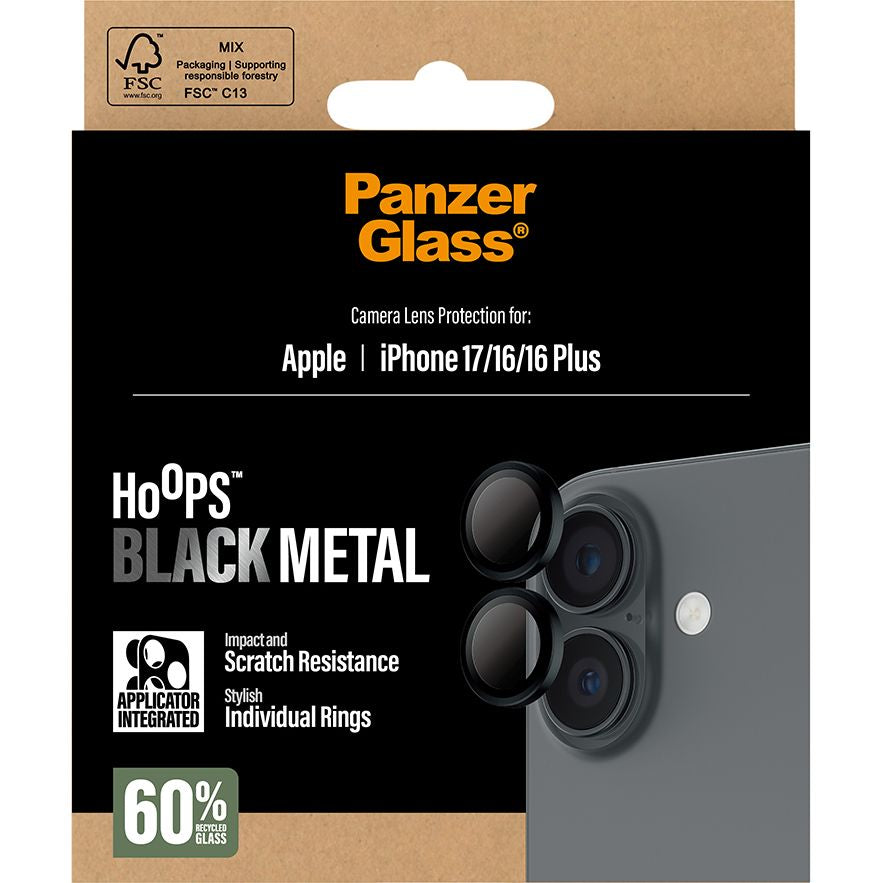 Gehärtetes Glas mit Applikator für iPhone 17 / 16 Plus / 16, PanzerGlass Hoops Camera, Transparent und Schwarz