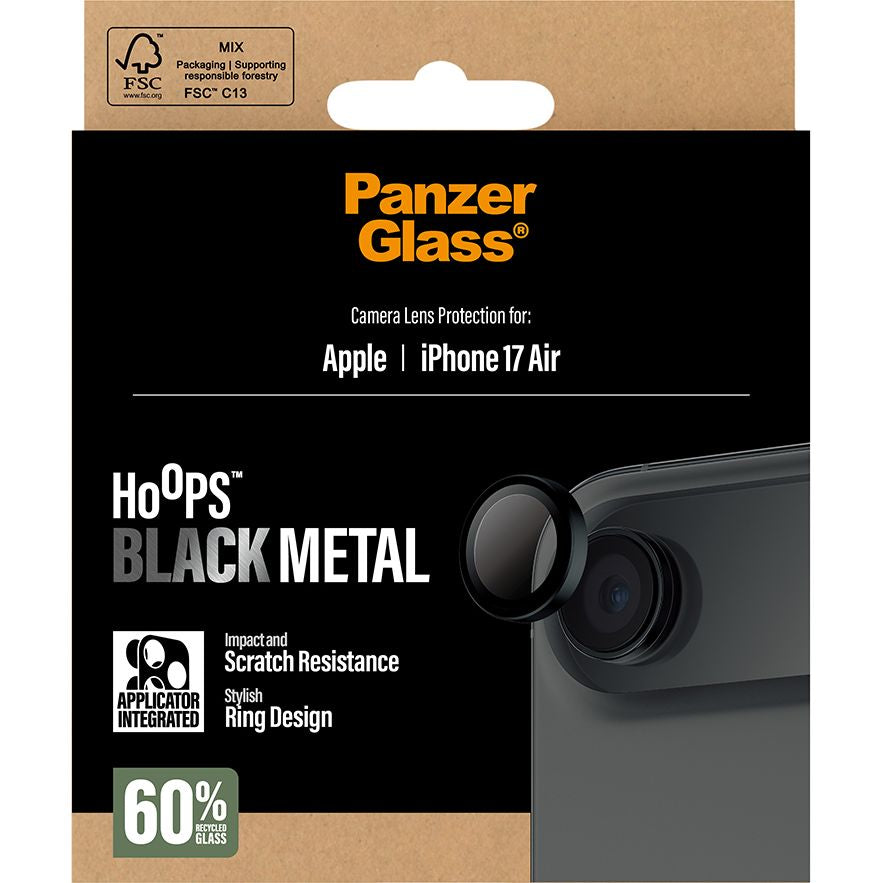 Gehärtetes Glas mit Applikator für iPhone Air, PanzerGlass Hoops Camera, Transparent und Schwarz