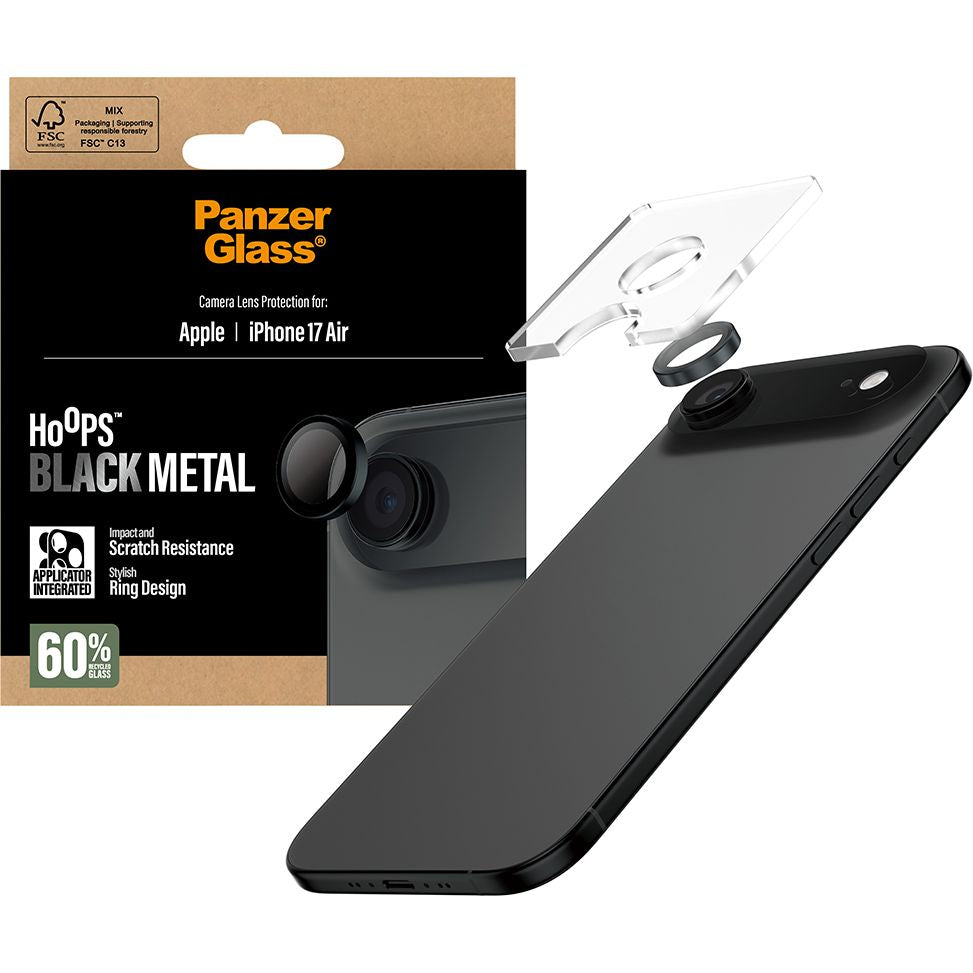 Gehärtetes Glas mit Applikator für iPhone Air, PanzerGlass Hoops Camera, Transparent und Schwarz