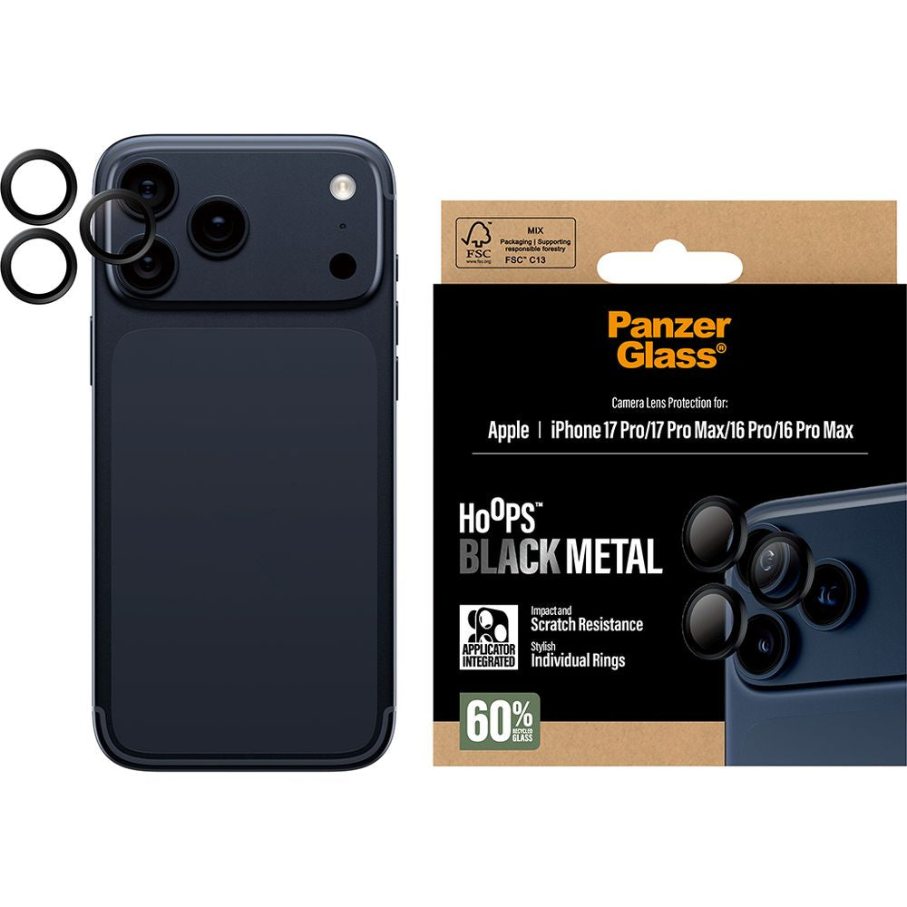 Gehärtetes Glas mit Applikator für iPhone 17 Pro Max / 17 Pro / 16 Pro Max / 16 Pro, PanzerGlass Hoops Camera, Transparent und Schwarz