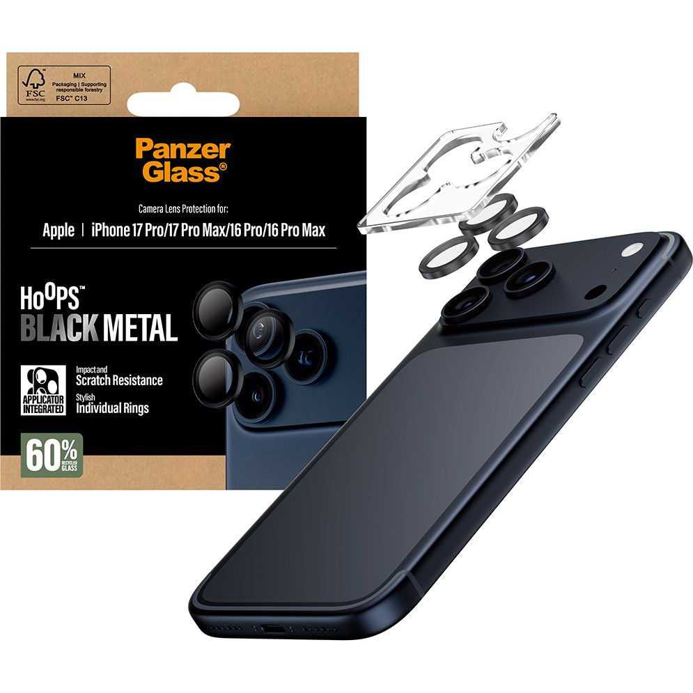 Gehärtetes Glas mit Applikator für iPhone 17 Pro Max / 17 Pro / 16 Pro Max / 16 Pro, PanzerGlass Hoops Camera, Transparent und Schwarz