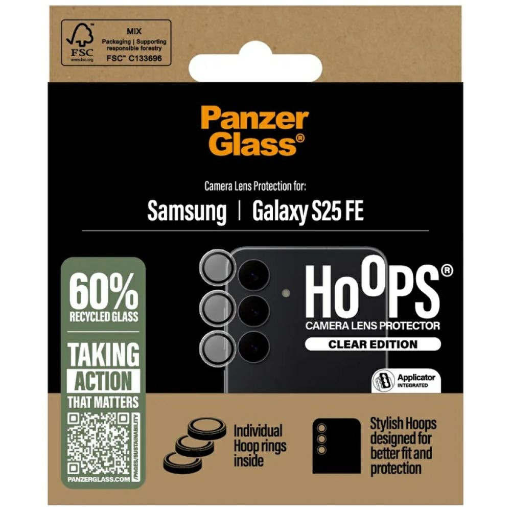 Gehärtetes Glas mit Applikator für Galaxy S25 FE, PanzerGlass Hoops Camera, Transparent mit schwarzen Rahmen