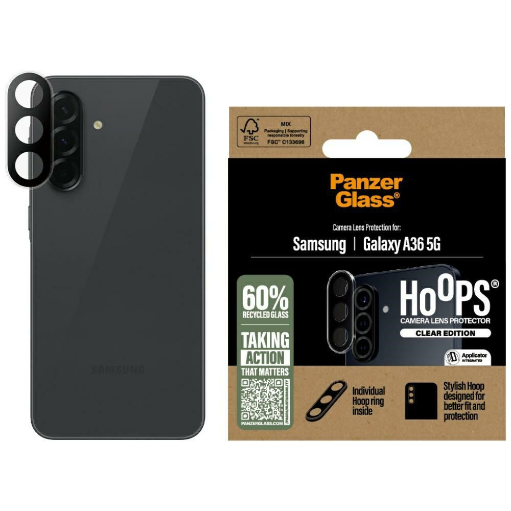 Gehärtetes Glas für Samsung Galaxy A36 5G, PanzerGlass Hoops Lens Protector, Transparent-Schwarz