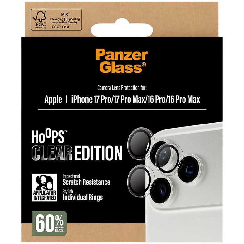 Gehärtetes Glas mit Applikator für iPhone 17 Pro Max / 17 Pro / 16 Pro Max / 16 Pro, PanzerGlass Hoops Camera, Transparent mit schwarzen Rahmen