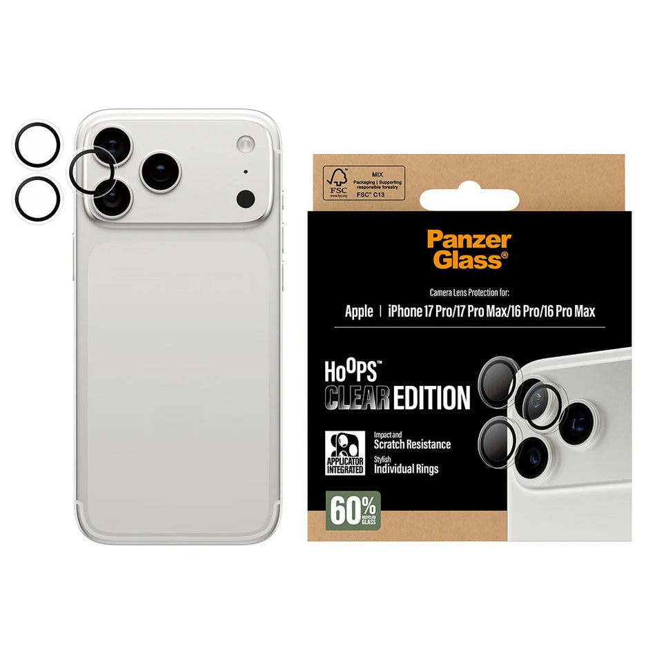 Gehärtetes Glas mit Applikator für iPhone 17 Pro Max / 17 Pro / 16 Pro Max / 16 Pro, PanzerGlass Hoops Camera, Transparent mit schwarzen Rahmen