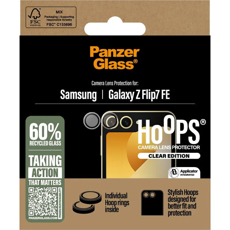 Gehärtetes Glas mit Applikator für Galaxy Z Flip7 FE, PanzerGlass Hoops Camera, Transparent mit schwarzen Rahmen