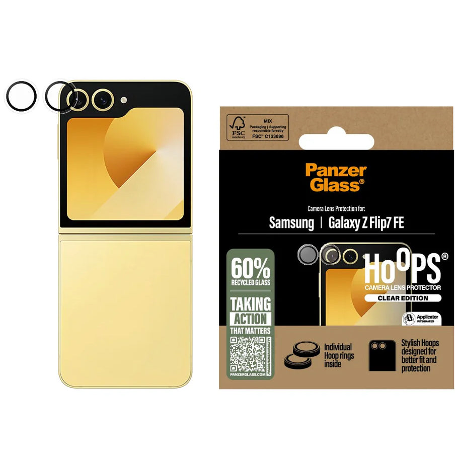 Gehärtetes Glas mit Applikator für Galaxy Z Flip7 FE, PanzerGlass Hoops Camera, Transparent mit schwarzen Rahmen