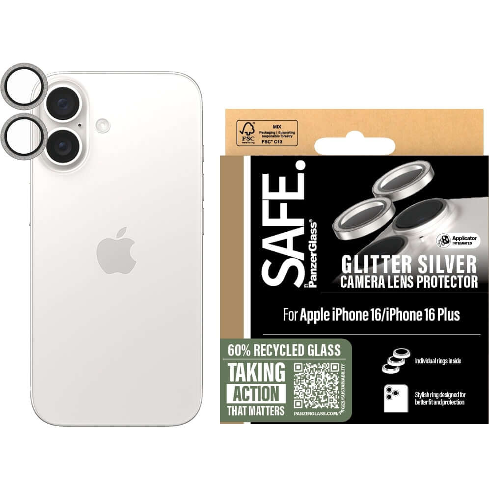 Gehärtetes Glas für Apple iPhone 16 / 16 Plus, Safe by PanzerGlass Camera Lens Protector Glitter Silver