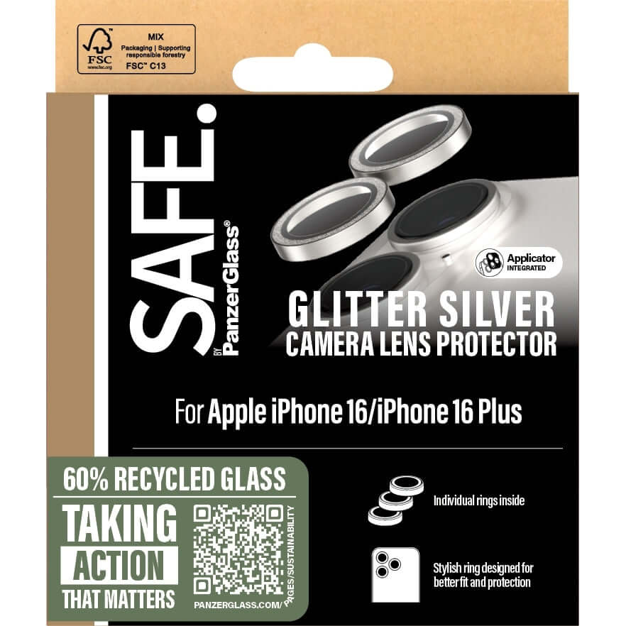 Gehärtetes Glas für Apple iPhone 16 / 16 Plus, Safe by PanzerGlass Camera Lens Protector Glitter Silver