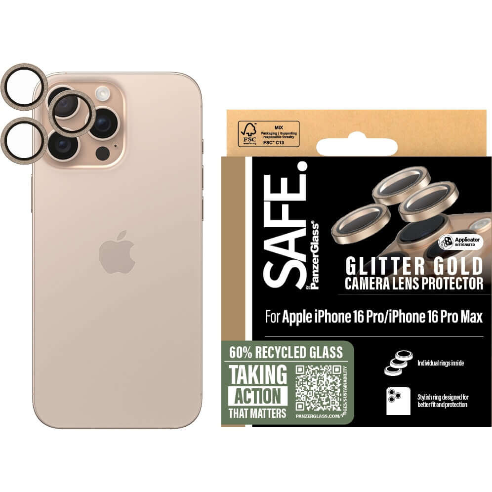 Gehärtetes Glas für Apple iPhone 16 Pro / 16 Pro Max, Safe by PanzerGlass Camera Lens Protector Glitter Gold