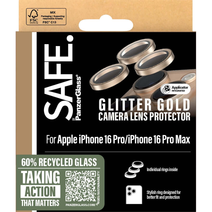 Gehärtetes Glas für Apple iPhone 16 Pro / 16 Pro Max, Safe by PanzerGlass Camera Lens Protector Glitter Gold