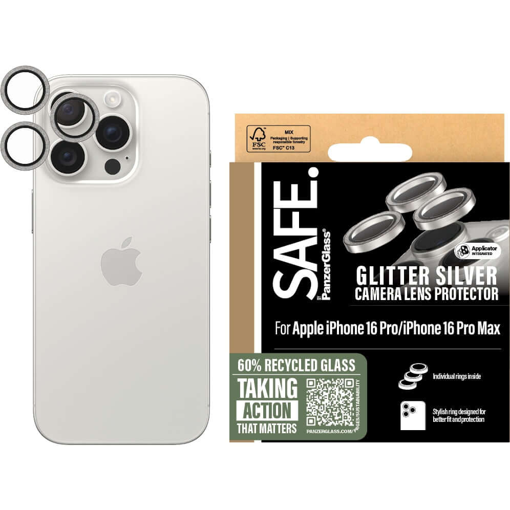 Gehärtetes Glas für Apple iPhone 16 Pro / 16 Pro Max, Safe by PanzerGlass Camera Lens Protector Glitter Silver