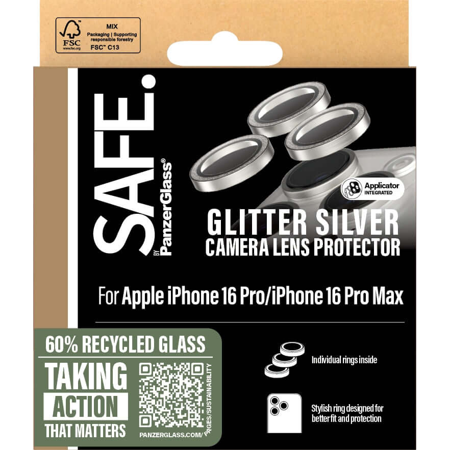 Gehärtetes Glas für Apple iPhone 16 Pro / 16 Pro Max, Safe by PanzerGlass Camera Lens Protector Glitter Silver