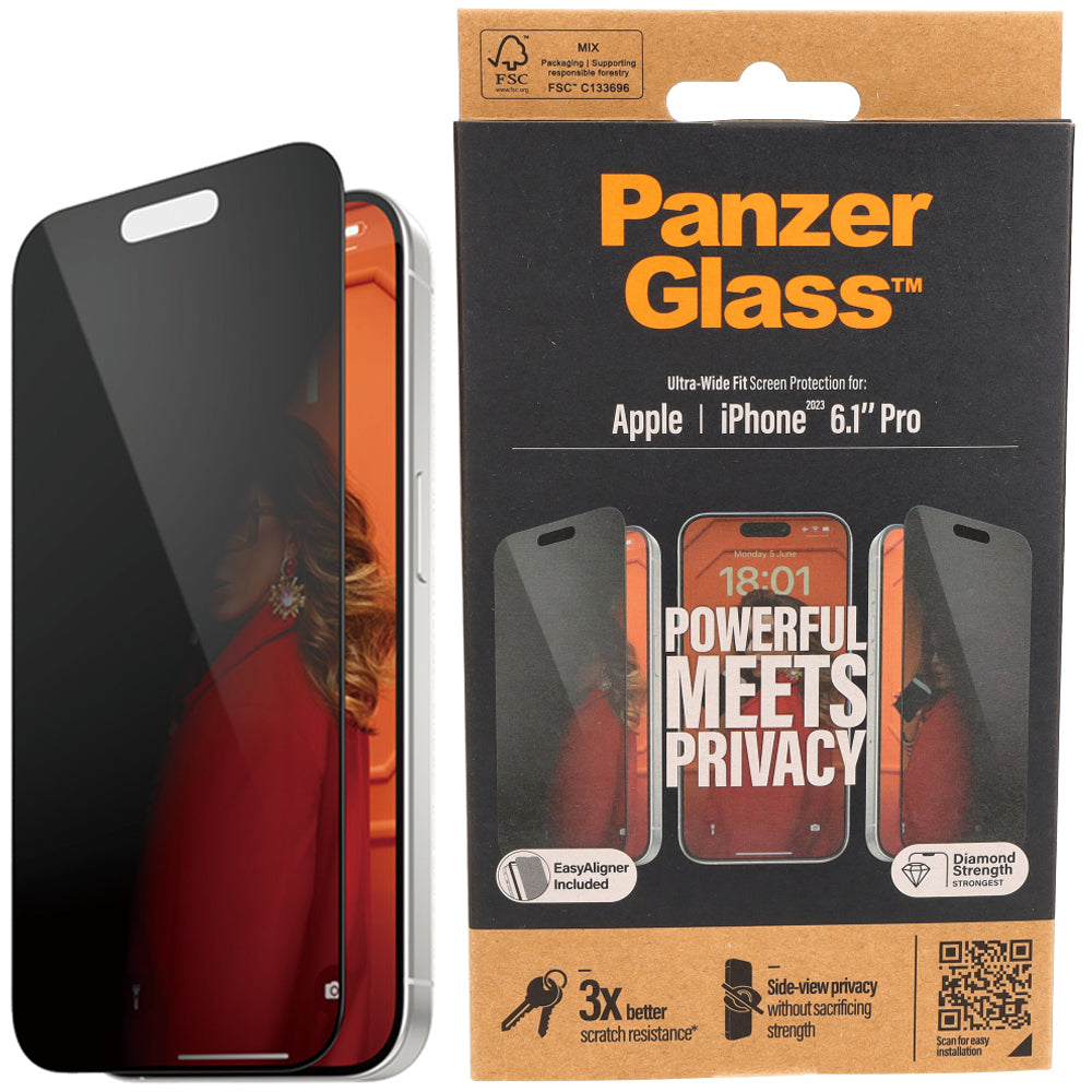 Gehärtetes Glas für das gesamte Display PanzerGlass Ultra-Wide Fit Privacy + EasyAligner für iPhone 15 Pro, Getönte mit schwarzer Rahmen