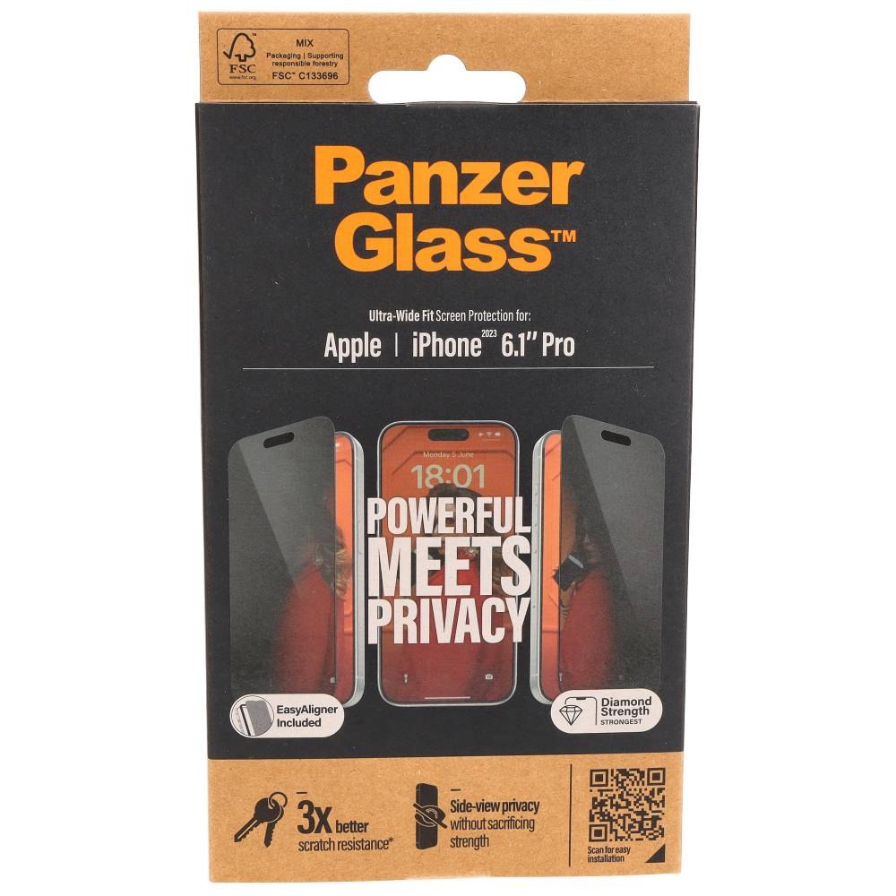 Gehärtetes Glas für das gesamte Display PanzerGlass Ultra-Wide Fit Privacy + EasyAligner für iPhone 15 Pro, Getönte mit schwarzer Rahmen