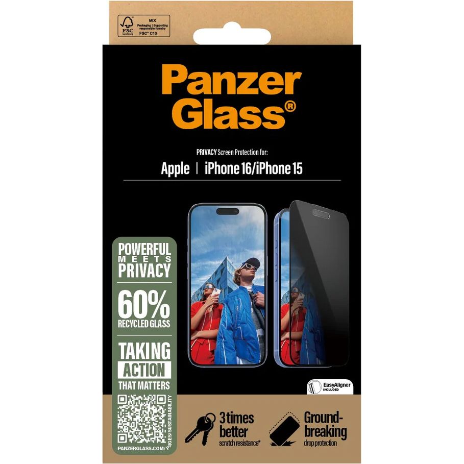 Gehärtetes Glas für das gesamte Display für iPhone 16 / iPhone 15, PanzerGlass Ultra-Wide Fit Privacy + EasyAligner, Getönte mit schwarzer Rahmen
