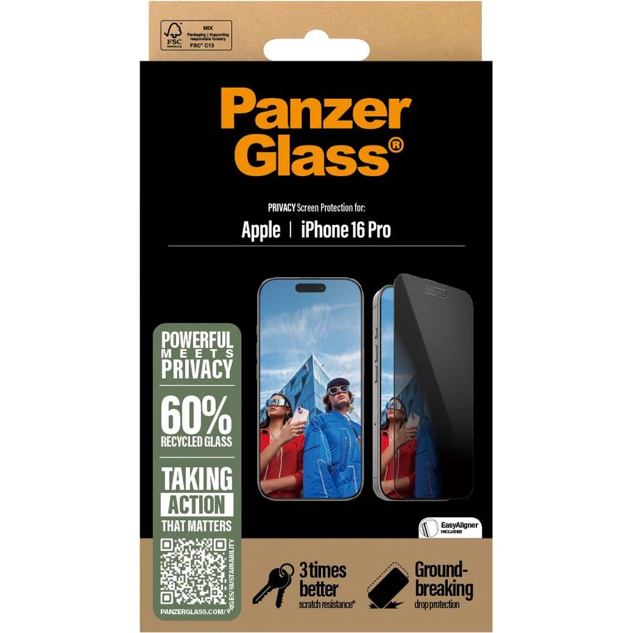 Gehärtetes Glas für das gesamte Display für iPhone 16 Pro, PanzerGlass Ultra-Wide Fit Privacy + EasyAligner, Getönte mit schwarzer Rahmen