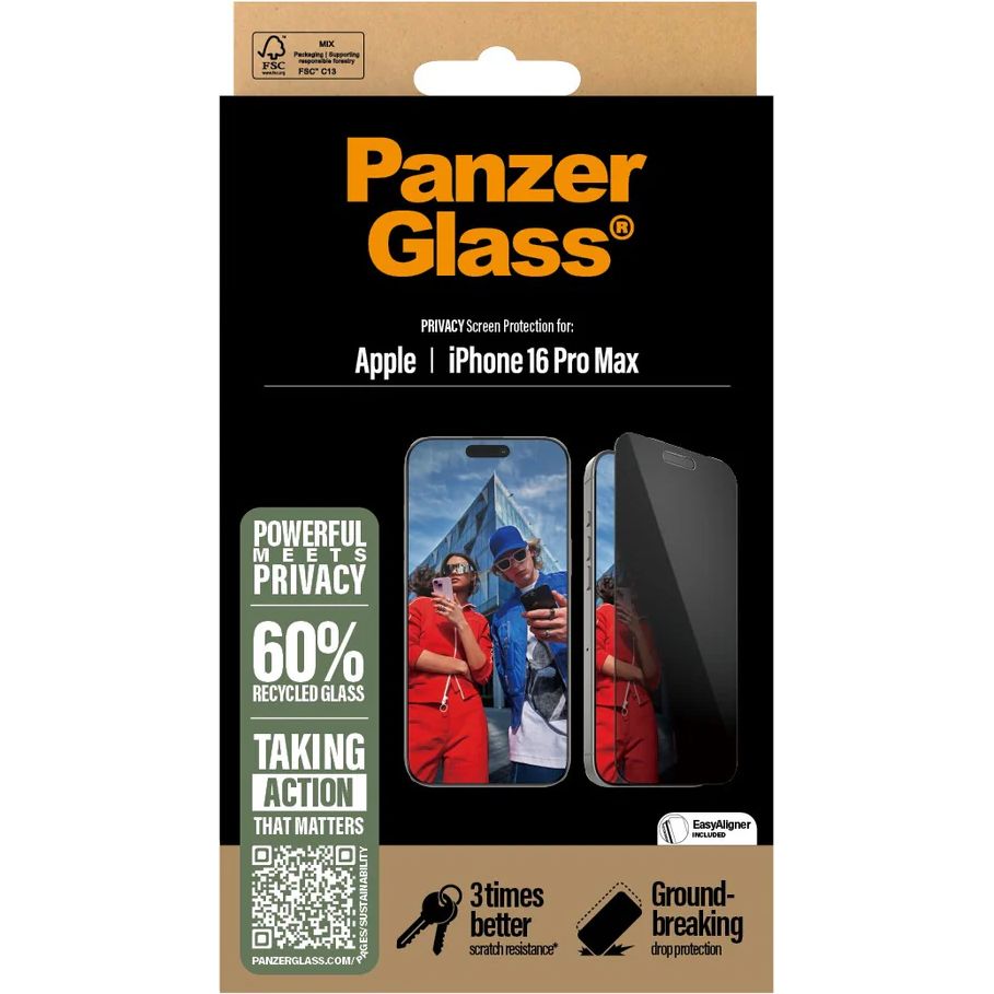 Gehärtetes Glas für das gesamte Display für iPhone 16 Pro Max, PanzerGlass Ultra-Wide Fit Privacy + EasyAligner, Getönte mit schwarzer Rahmen