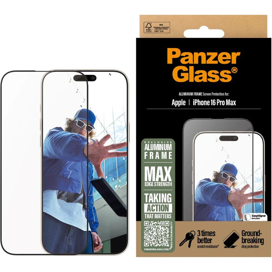 Gehärtetes Glas für iPhone 16 Pro Max, PanzerGlass Aluminum Frame Ultra-Wide Fit + EasyAligner, Schwarzer Rahmen