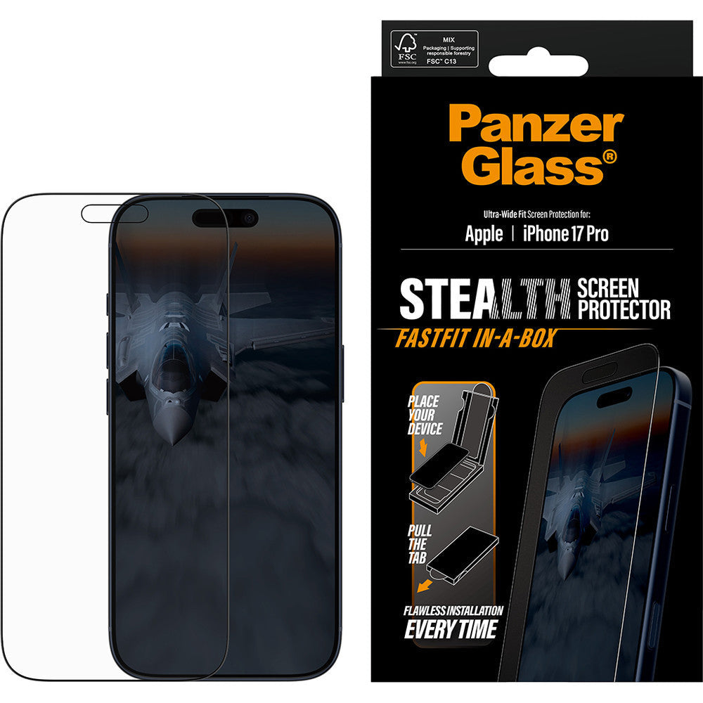 Gehärtetes Glas mit Applikator für iPhone 17 Pro, PanzerGlass Stealth Ultra-Wide Fastfit