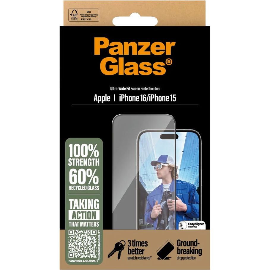 Gehärtetes Glas für das gesamte Display für iPhone 16 / iPhone 15, PanzerGlass Ultra-Wide Fit + EasyAligner