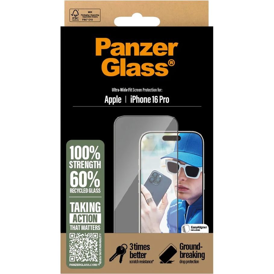 Gehärtetes Glas für das gesamte Display für iPhone 16 Pro, PanzerGlass Ultra-Wide Fit + EasyAligner