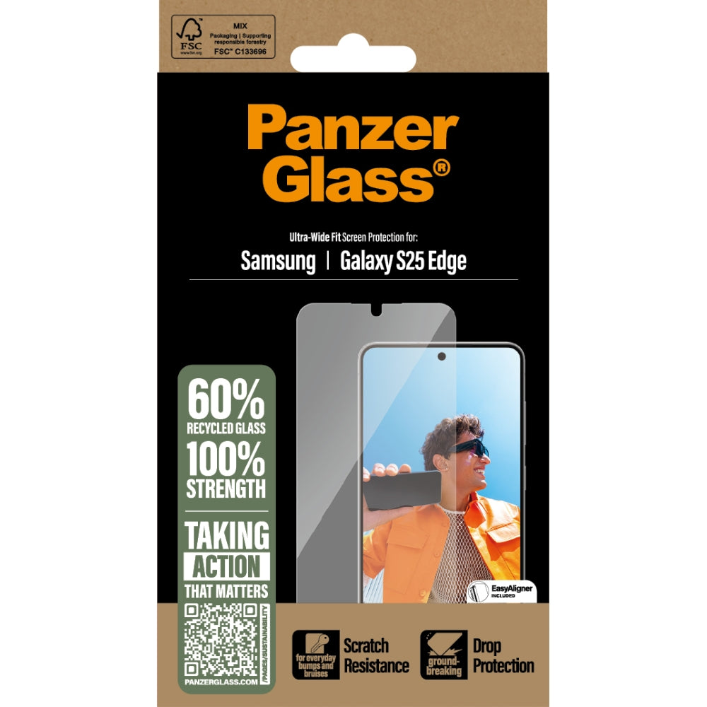 Gehärtetes Glas mit Applikator für Galaxy S25 Edge, PanzerGlass Ultra-Wide Fit EasyAligner, Transparent