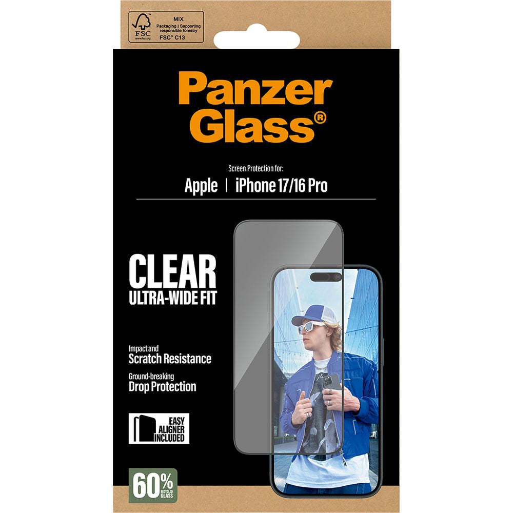 Gehärtetes Glas mit Applikator für iPhone 17 / 16 Pro, PanzerGlass Ultra-Wide Fit, Transparent mit schwarzen Rahmen