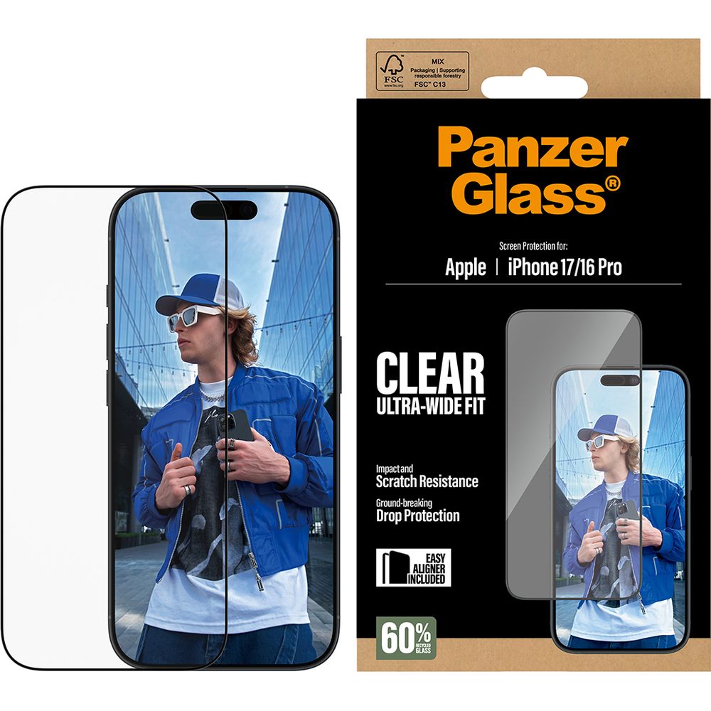 Gehärtetes Glas mit Applikator für iPhone 17 / 16 Pro, PanzerGlass Ultra-Wide Fit, Transparent mit schwarzen Rahmen
