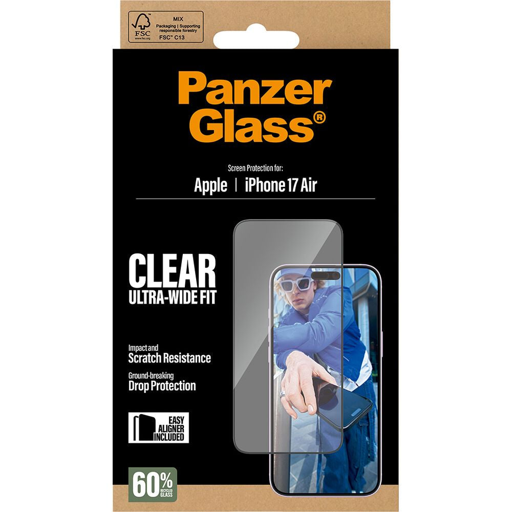 Gehärtetes Glas mit Applikator für iPhone Air, PanzerGlass Ultra-Wide Fit, Transparent mit schwarzen Rahmen