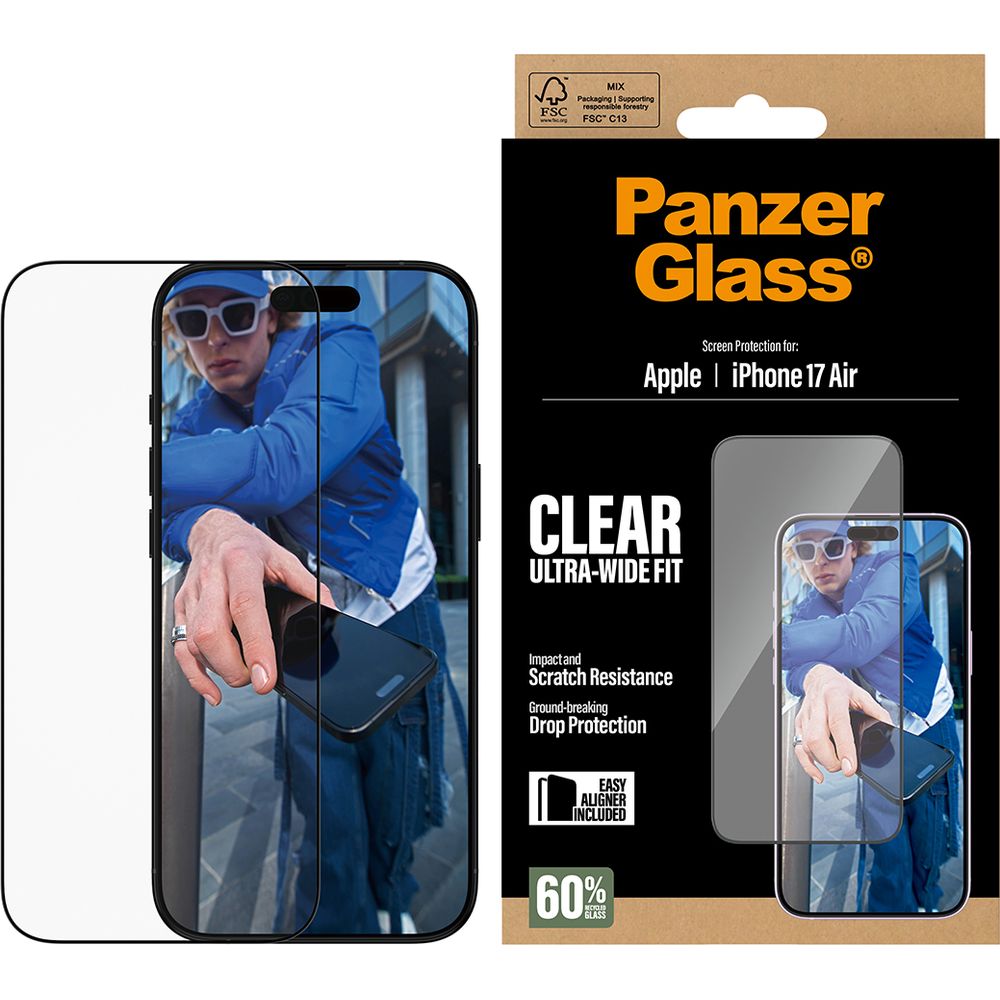 Gehärtetes Glas mit Applikator für iPhone Air, PanzerGlass Ultra-Wide Fit, Transparent mit schwarzen Rahmen